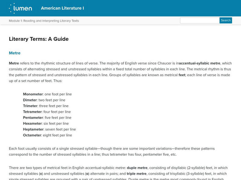 Lumen: Reading and Interpreting Literary Texts: Literary Terms: A Guide Handout Lumen: Reading and Interpreting Literary Texts: Literary Terms: A Guide Handout