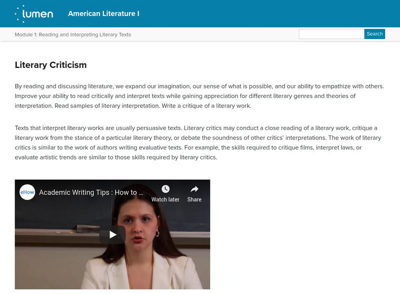 Lumen: Reading and Interpreting Literary Texts: Literary Criticism Lesson Plan Lumen: Reading and Interpreting Literary Texts: Literary Criticism Lesson Plan