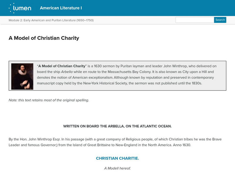 Lumen: Early American and Puritan Literature: "A Model of Christian Charity" Primary Lumen: Early American and Puritan Literature: "A Model of Christian Charity" Primary