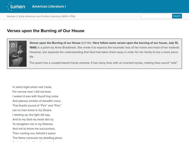 Lumen: Early American Literature: "Verses Upon the Burning of Our House" Primary Lumen: Early American Literature: "Verses Upon the Burning of Our House" Primary