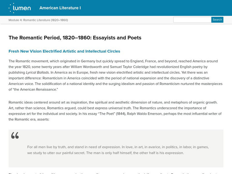 Lumen: The Romantic Period, 1820 1860: Essayists and Poets Lesson Plan Lumen: The Romantic Period, 1820 1860: Essayists and Poets Lesson Plan