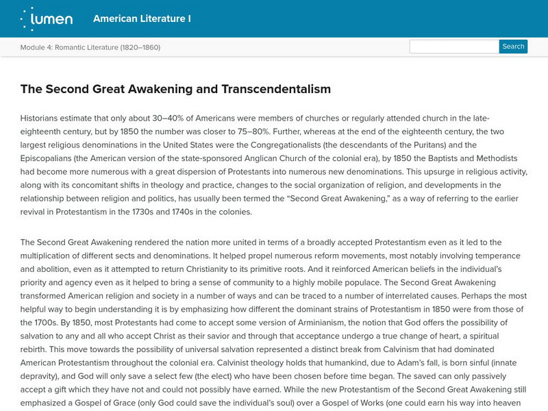 Lumen: The Second Great Awakening and Transcendentalism Article Lumen: The Second Great Awakening and Transcendentalism Article