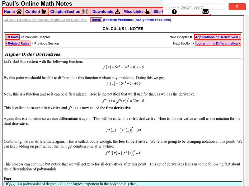 Paul's Online Notes: Higher Order Derivatives Handout Paul's Online Notes: Higher Order Derivatives Handout