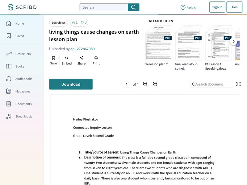 New York Times: Scribd: Living Things Cause Changes on Earth Lesson Plan Lesson Plan New York Times: Scribd: Living Things Cause Changes on Earth Lesson Plan Lesson Plan