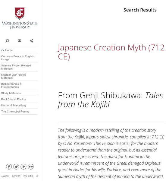 Washington State University: Japanese Creation Myth (712 Ce): Genji Shibukawa: Tales From the Kojiki Primary