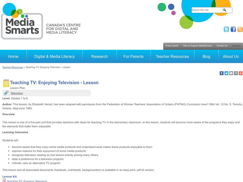 Media Smarts: Teaching Tv: Enjoying Television Lesson Lesson Plan Media Smarts: Teaching Tv: Enjoying Television Lesson Lesson Plan