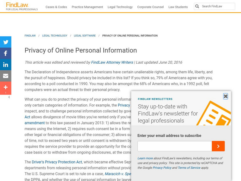 Find Law: Privacy of Online Personal Information Article