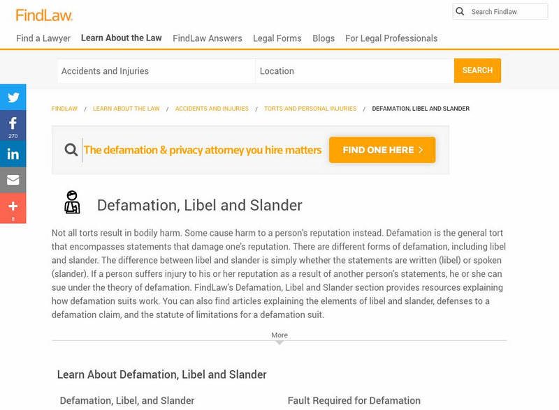 Find Law: Defamation, Libel, and Slander Handout Find Law: Defamation, Libel, and Slander Handout