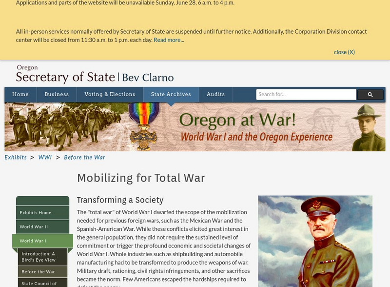 Oregon & World War One: Mobilizing for Total War Website Oregon & World War One: Mobilizing for Total War Website