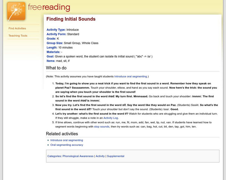 Free Reading: Finding Initial Sounds: A Pre Reading Game Lesson Plan Free Reading: Finding Initial Sounds: A Pre Reading Game Lesson Plan