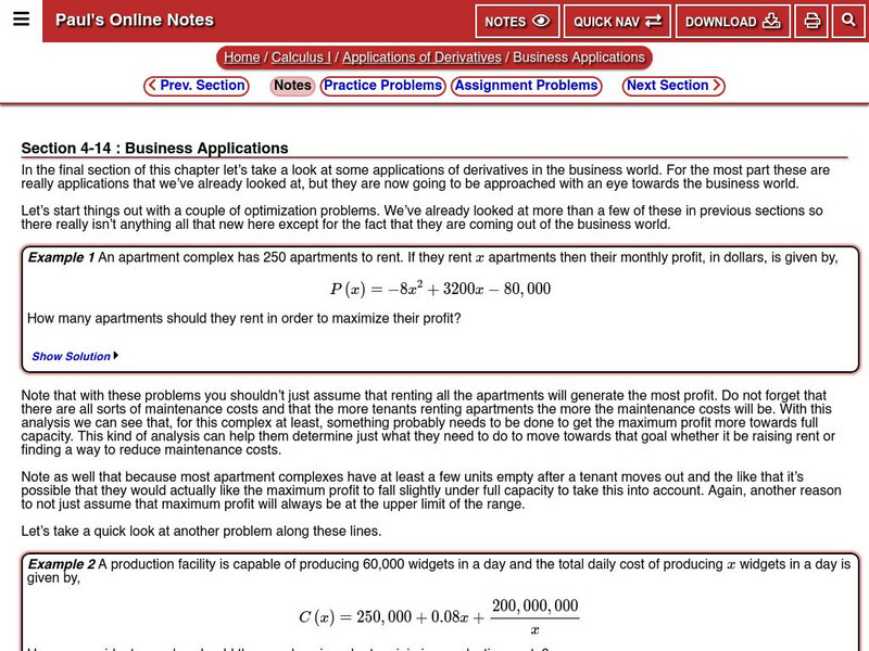 Paul's Online Notes: Business Applications Handout Paul's Online Notes: Business Applications Handout