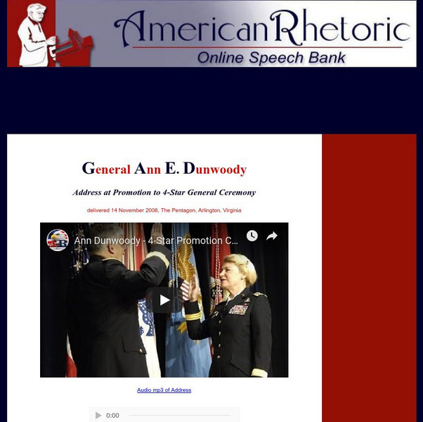 American Rhetoric: Ann Dunwoody: Speech at Promotion to 4 Star General Ceremony Primary American Rhetoric: Ann Dunwoody: Speech at Promotion to 4 Star General Ceremony Primary