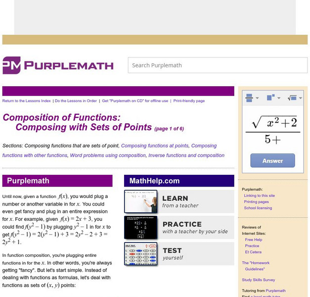 Purplemath: Composition of Functions: Composing With Sets of Points Unit Plan Purplemath: Composition of Functions: Composing With Sets of Points Unit Plan