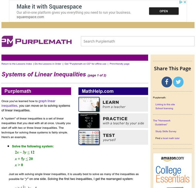 Purplemath: Systems of Linear Inequalities Activity Purplemath: Systems of Linear Inequalities Activity