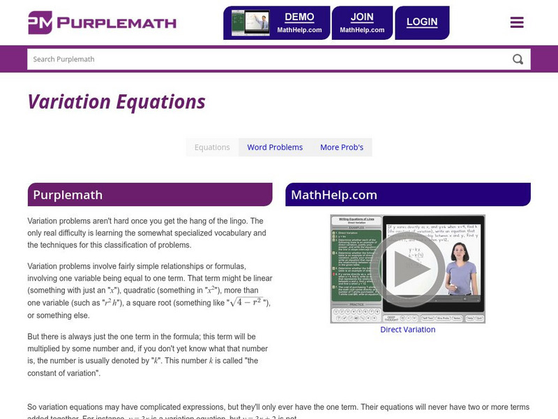 Purplemath: Variation Equations Activity Purplemath: Variation Equations Activity