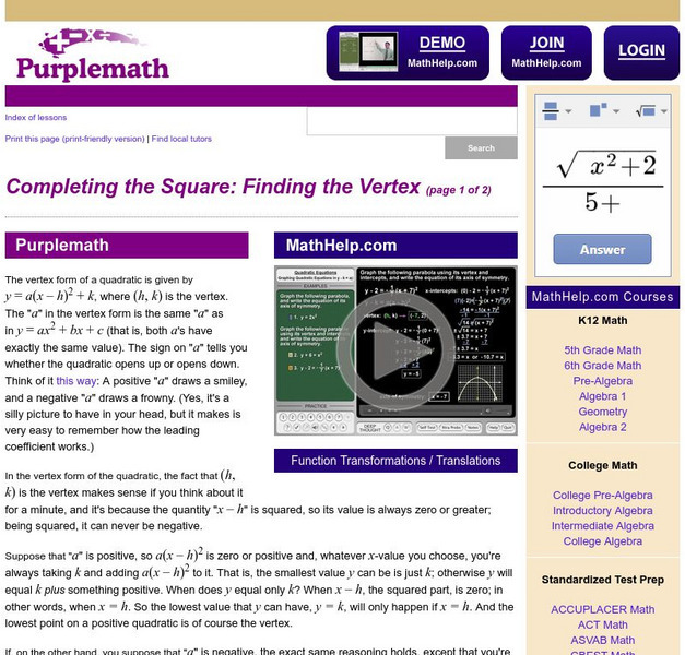 Purplemath: Completing the Square: Finding the Vertex Activity Purplemath: Completing the Square: Finding the Vertex Activity