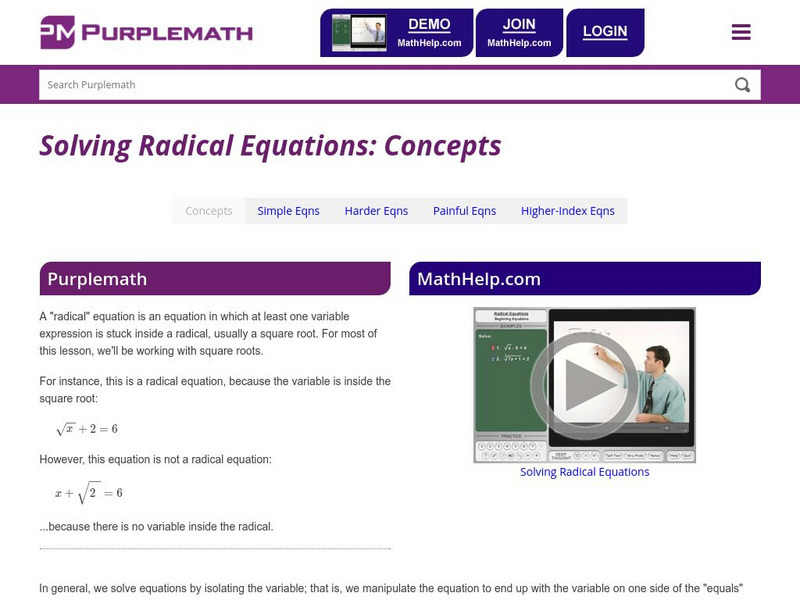 Purplemath: Solving Radical Equations: Concepts Unit Plan Purplemath: Solving Radical Equations: Concepts Unit Plan
