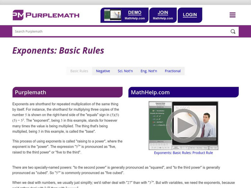 Purplemath: Exponents: Basic Rules Activity Purplemath: Exponents: Basic Rules Activity