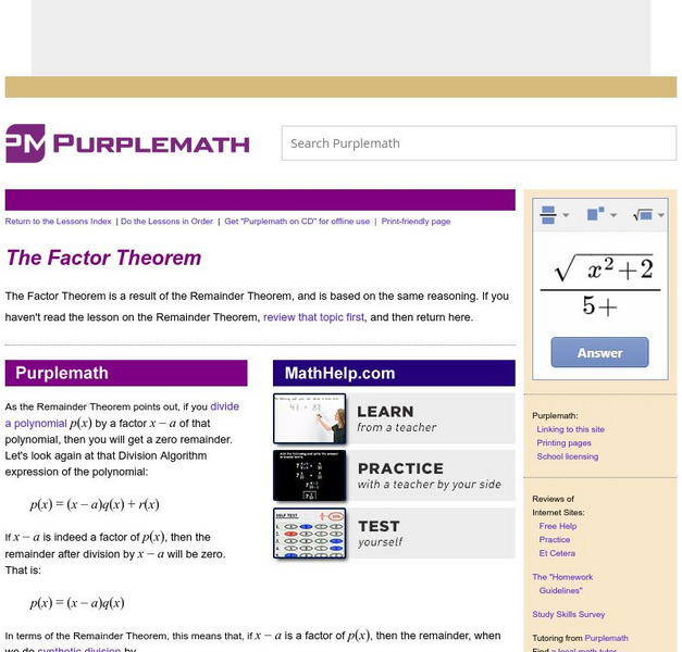 Purplemath: Factor Theorem Activity Purplemath: Factor Theorem Activity
