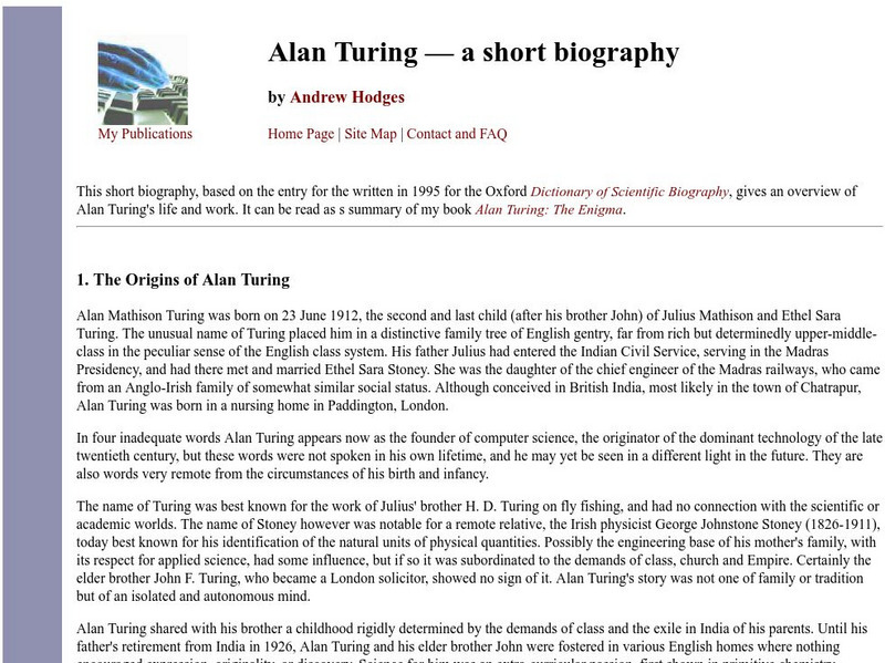 Alan Turing: A Short Biography by Andrew Hodges Handout
