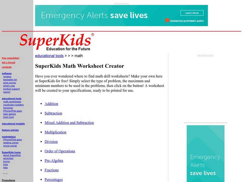 Super Kids: Math Worksheet Creator Activity Super Kids: Math Worksheet Creator Activity