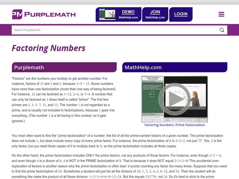 Purplemath: Factoring Numbers Activity Purplemath: Factoring Numbers Activity
