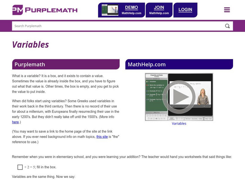 Purplemath: Variable Activity Purplemath: Variable Activity