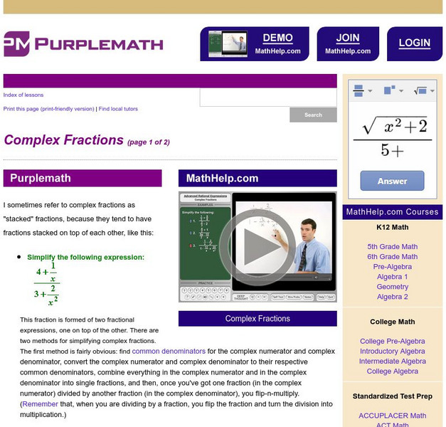 Purplemath: Complex Fractions Activity Purplemath: Complex Fractions Activity