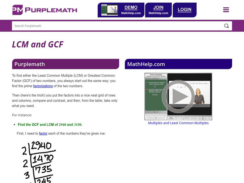 Purplemath: Lcm & Gcf Activity Purplemath: Lcm & Gcf Activity