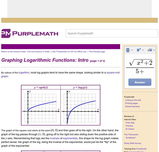 Purplemath: Graphing Logarithmic Functions: Intro Handout Purplemath: Graphing Logarithmic Functions: Intro Handout