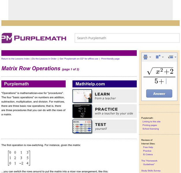 Purplemath: Matrix Row Operations Activity Purplemath: Matrix Row Operations Activity