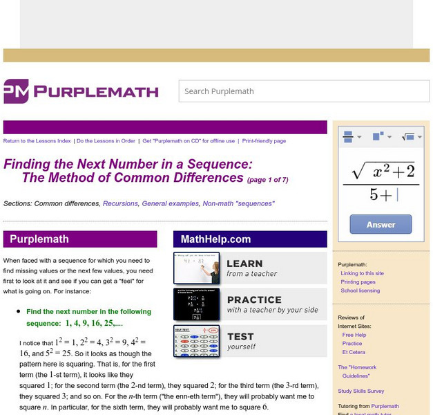 Purplemath: Finding the Next Number in a Sequence Activity