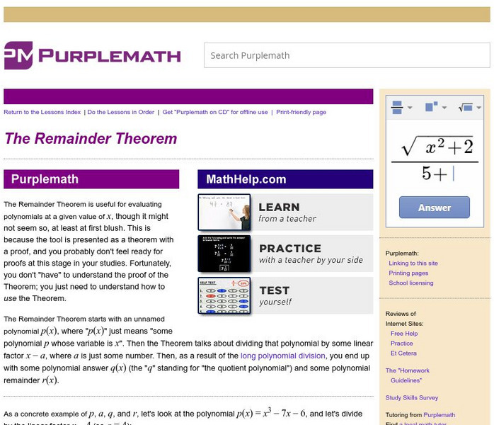 Purplemath: Remainder Theorem Activity Purplemath: Remainder Theorem Activity