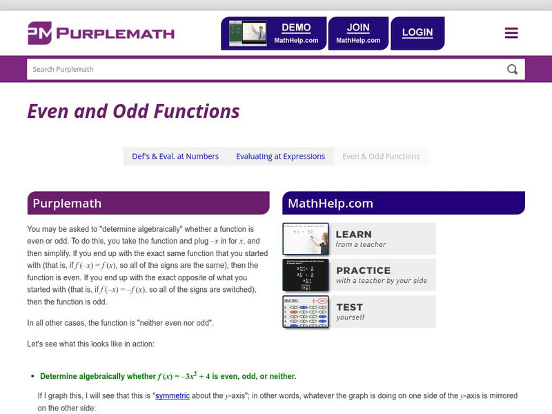 Purplemath: Function Notation: Even and Odd Activity