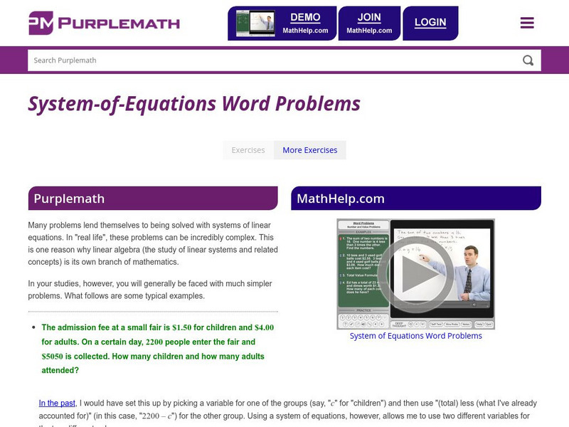Purplemath: System of Equations Word Problems Activity Purplemath: System of Equations Word Problems Activity