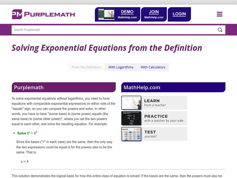 Purplemath: Solving Exponential Equations: Solving From the Definition Activity Purplemath: Solving Exponential Equations: Solving From the Definition Activity