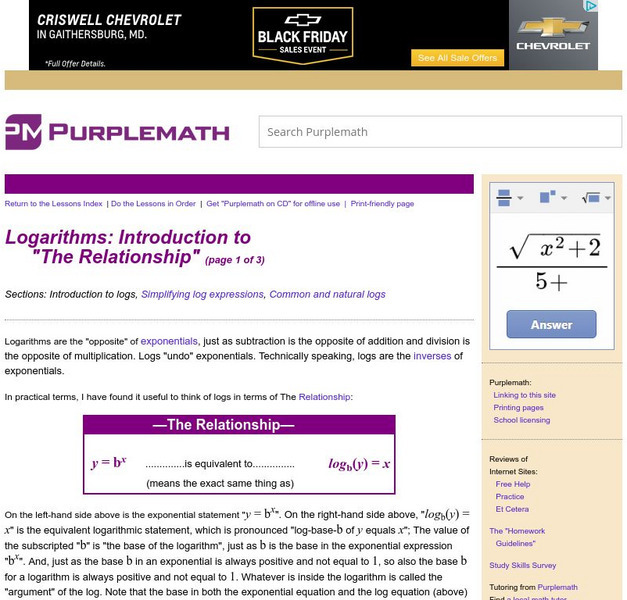 Purplemath: Logarithms: Introduction to "The Relationship" Activity Purplemath: Logarithms: Introduction to "The Relationship" Activity