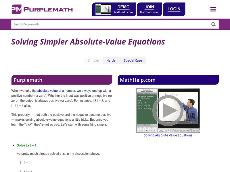 Purplemath: Solving Absolute Value Equations Activity
