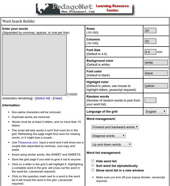 Pedago Net: Word Search Builder Interactive Pedago Net: Word Search Builder Interactive