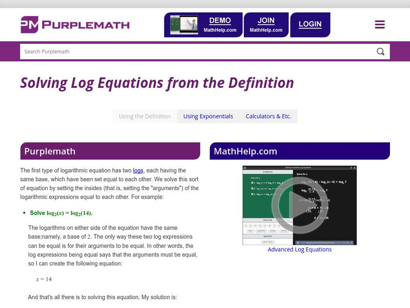 Purplemath: Solving Logarithmic Equations: Solving From the Definition Handout