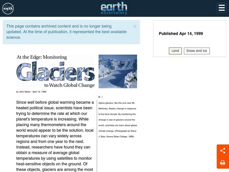 Nasa: At the Edge: Monitoring Glaciers to Watch Global Warming Handout Nasa: At the Edge: Monitoring Glaciers to Watch Global Warming Handout