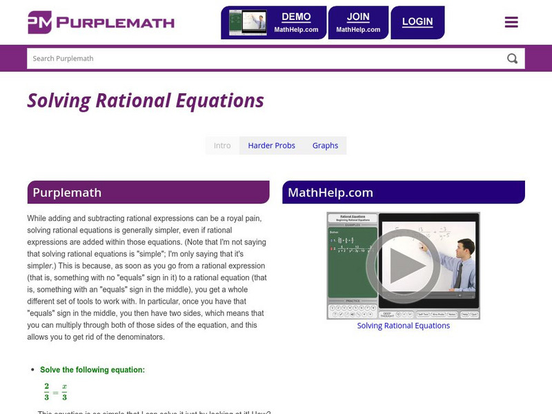 Purplemath: Solving Rational Equations Unit Plan Purplemath: Solving Rational Equations Unit Plan