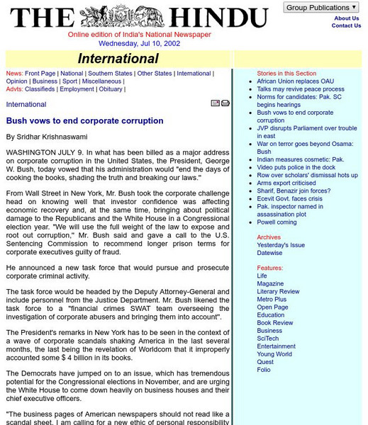The Hindu: Bush Vows to End Corporate Corruption Website The Hindu: Bush Vows to End Corporate Corruption Website