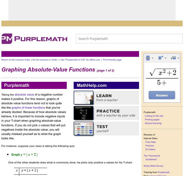 Purplemath: Graphing Absolute Value Functions Handout Purplemath: Graphing Absolute Value Functions Handout