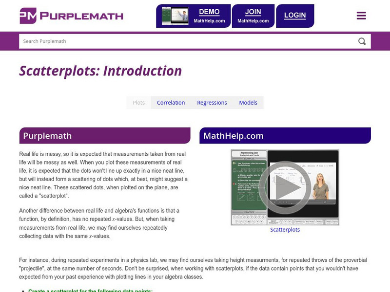 Purplemath: Scatterplots and Regressions Handout Purplemath: Scatterplots and Regressions Handout
