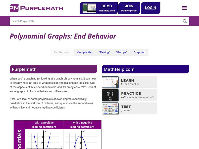 Purplemath: Polynomial Graphs: End Behavior Handout Purplemath: Polynomial Graphs: End Behavior Handout