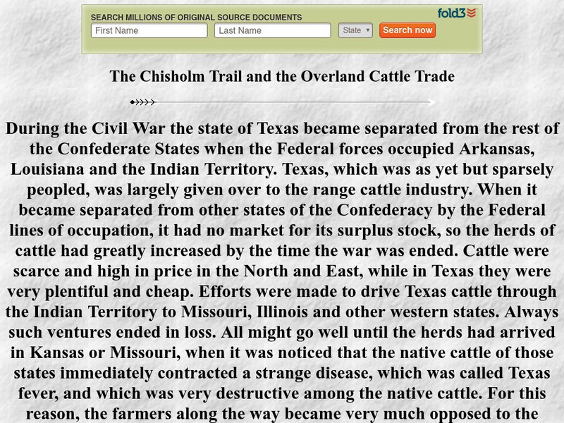 Ok Gen Web Project: The Chisholm Trail and the Overland Cattle Trade Handout Ok Gen Web Project: The Chisholm Trail and the Overland Cattle Trade Handout