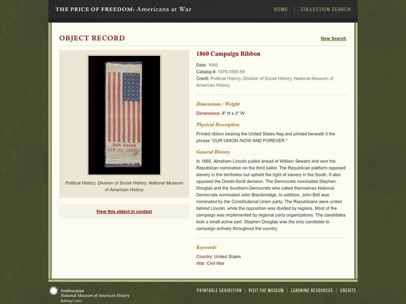 National Museum of American History: Price of Freedom: 1860 Campaign Ribbon Professional Doc National Museum of American History: Price of Freedom: 1860 Campaign Ribbon Professional Doc
