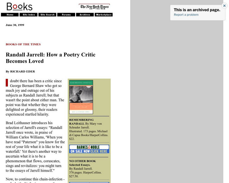 New York Times: Books: Randall Jarrell: How a Poetry Critic Becomes Loved Website New York Times: Books: Randall Jarrell: How a Poetry Critic Becomes Loved Website