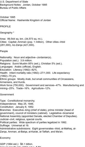 U.s. Department of State: Jordan, October 1995 Handout